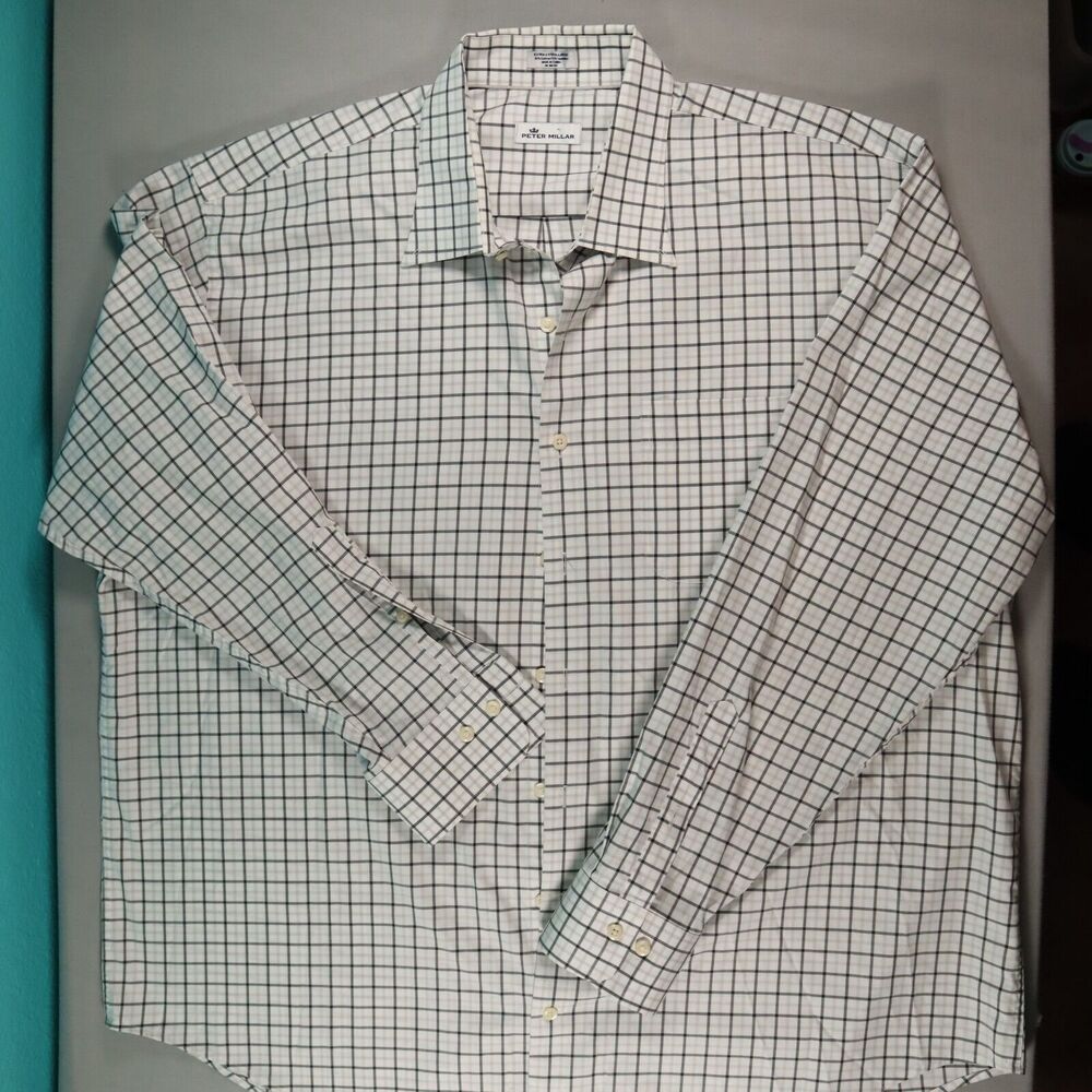 Peter Millar Men's Button Up Shirt Plaid Checks Gray Pocket Size XXL